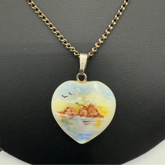 Artisan Handpainted Moonstone Heart Pendant Necklace - Picture 1 of 9